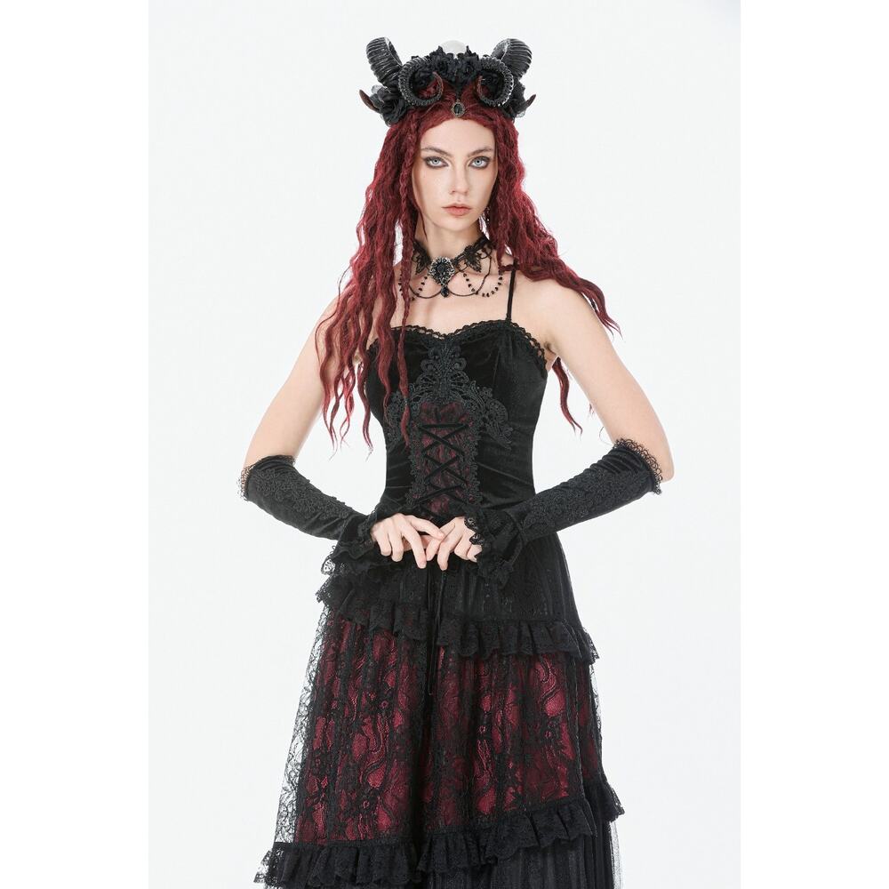 Dark in Love Gothic Victorian Blood Offering Black Red Velvet & Lace Cami Top - Picture 10 of 12